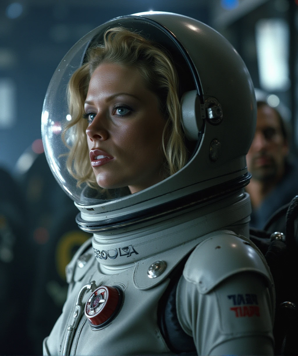 Jenna Jameson is an astonaut helmet and spacesuit. She is outside the international space station and looks at the viewer from the side. Xenomorph in the background <lora:JennaJameson:0.9>