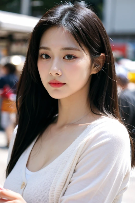 masterpiece, best quality, ultra-detailed, ultra high res, (photorealistic:1.4), raw photo, (realistic:0.2), 8k HDR, realistic lighting, looking at viewer, 1girl, solo, asymmetrical hair, outdoor, (traditional market:1.2), (day), bokeh, (detailed lips), (detailed pores), (detailed skin textures), (detailed face:1.2), (body:1.2), a woman in a cardigan, cowboy shot,