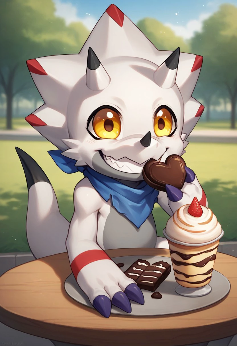 score_9, score_8_up. score_7_up, digimon, 1boy, male, solo, gammamon, tail, horns, blue neckerchief, white body, gray stomach, grin, one fang, yellow eyes, cute, happy, eating chocolate, outside, day, in park, sitting by table, parfait on table, red markings, detailed background