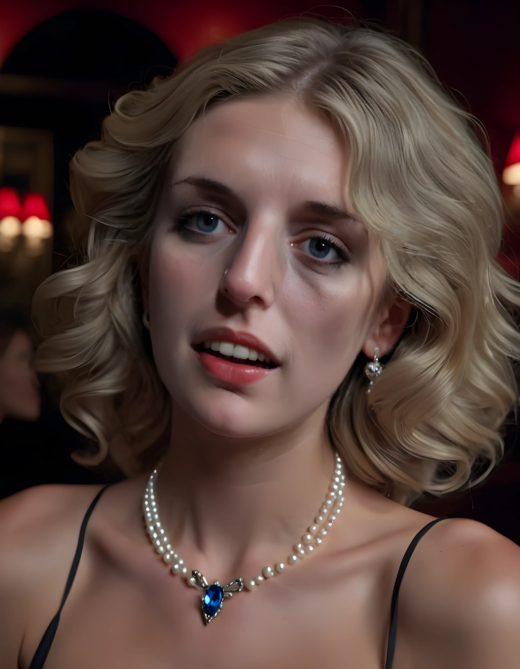 In a dimly lit, moody noir-inspired speakeasy, the camera captures a mesmerizing close-up of AM813B, a striking blonde woman with a cascade of wavy hair framing her piercing blue eyes. Her lips, painted a bold crimson, are slightly parted to reveal a set of perfectly aligned, dazzlingly white teeth. A single string of pearls adorns her neck, and a vintage brooch in the shape of a sparrow rests on her shoulder. She is positioned profile-forward, her gaze fixed on an unseen object beyond the frame, exuding an air of mysterious allure and captivating charm, the soft focus emphasizing her flawless complexion and the intricate details of her unique outfit: a sleek, form-fitting black dress with a plunging neckline that hints at a tantalizing glimpse of skin, accentuating her hourglass figure. The low lighting casts dramatic shadows across her face and body, adding an element of mystery to the image and creating a sensual, sultry tone that leaves the viewer longing for more.