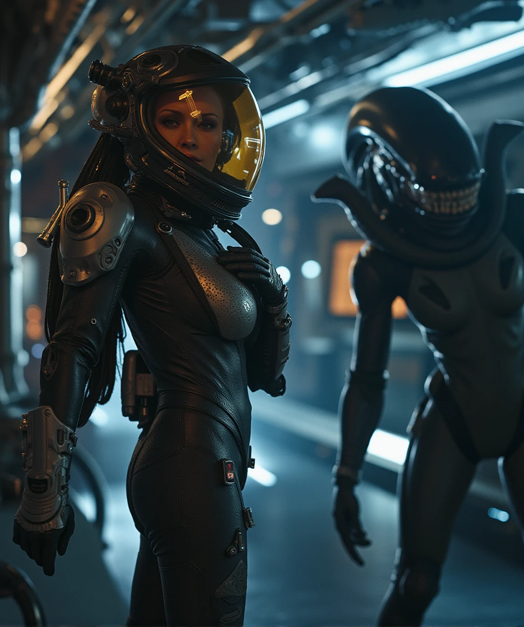 Jenna Jameson is an astonaut helmet and spacesuit. She is outside the international space station and looks at the viewer from the side. Xenomorph in the background <lora:JennaJameson:0.9>