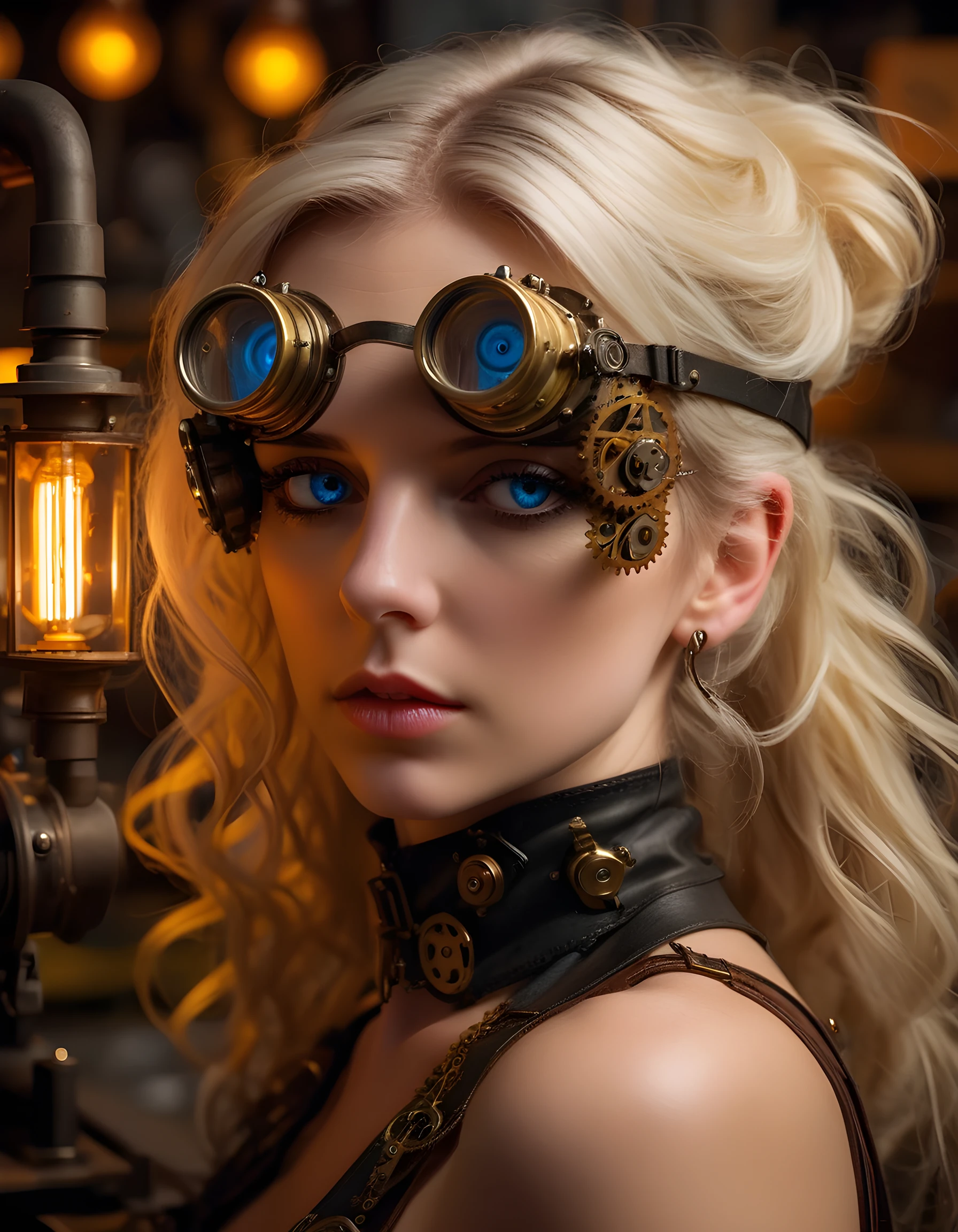 In a dimly lit, steampunk-inspired workshop, the captivating AM813B comes into focus. Her platinum blonde hair cascades in loose waves over her shoulders, adorned with intricate copper gears and brass filigree. Her piercing blue eyes gaze intently through goggles as she leans forward, one hand resting on a weathered workbench. A single mole, a distinctive beauty mark below her left eye, adds an enigmatic air to her portrait. The warm, yellow glow from the flickering gas lamps bathes her in a soft, ethereal light, casting shadows that dance and play upon her intricate outfit, accentuating its mechanical detailing. Her lips are pursed slightly, as if about to utter a command or reveal a secret, creating an air of mystery and intrigue around the android woman.