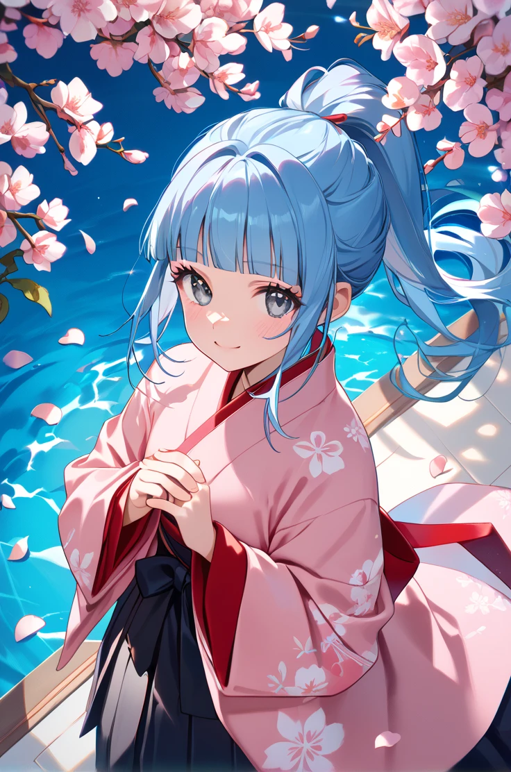 score_9, score_8_up, score_7_up, very aesthetic, source_anime, detailed,
sakura petals,
from above, pink kimono, black hakama, looking at viewer, light smile, blush,
<lora:ange_autismConfetti_v02:1>angeBase, blue hair, blunt bangs, ponytail, high ponytail, grey eyes, long hair,, zPDXL