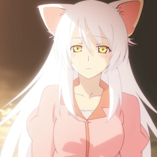 hanekawa tsubasa, 1girl, cat girl, long hair, white hair, pink pajamas, hairclip, cat ears, slit pupils, yellow eyes