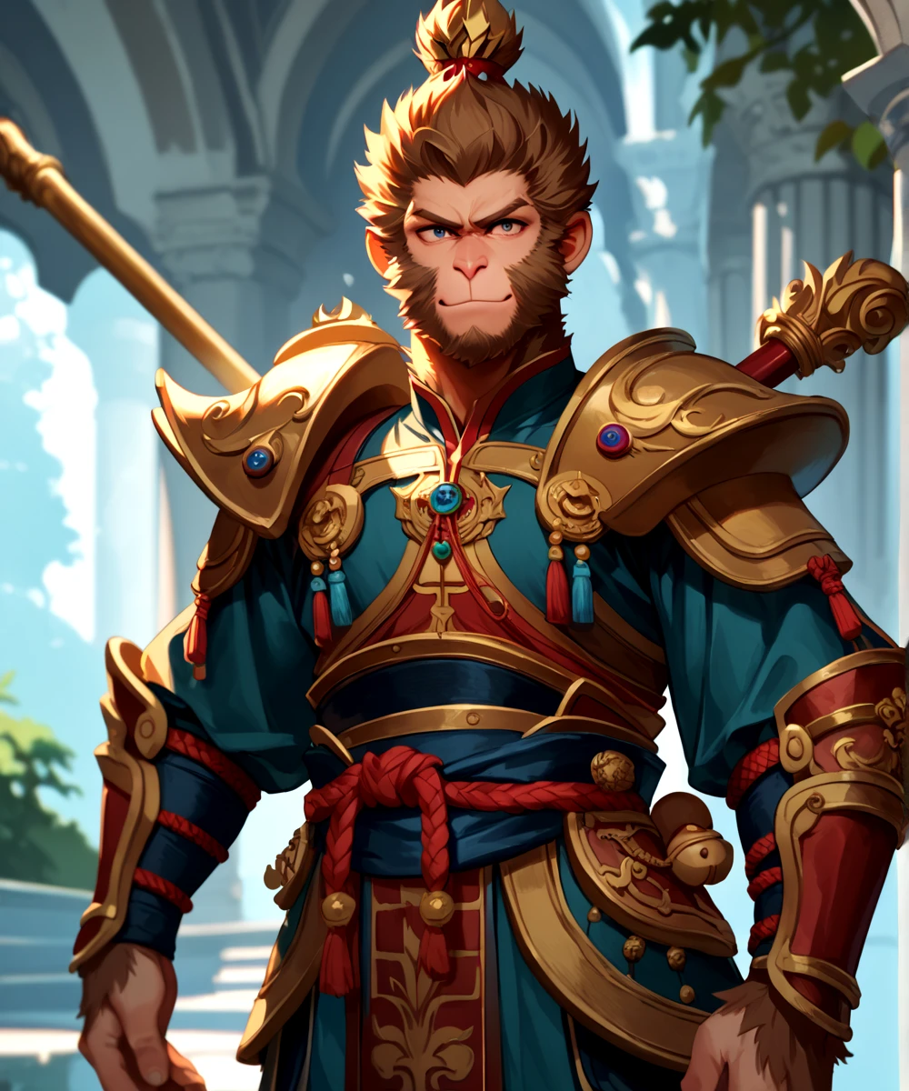 score_9, score_8_up, score_7_up,
<lora:Wukong_(Black_Myth_Wukong)_(Pony)_(AD):1> Wukong, Black Myth Wukong, monkey, monkey king,
8K, In'ei, hiaroscuro, depth of field, rim lighting, masterclass color theory, depth of field, clear_eyes,
perfect hands, perfect proportions, 
brash smile, alluring eyes, hero, flawless, benchmark of manly perfection, intricately detailed anime style background, sexy, dashing, handsome, anime monkey face, smooth skin, fur, furry body, monkey face, monkey nose, mythical armor, noble and majestic, clever and playful, ((cowboy shot, ):1.5), 
BREAK zPDXL, zPDXLxxx,