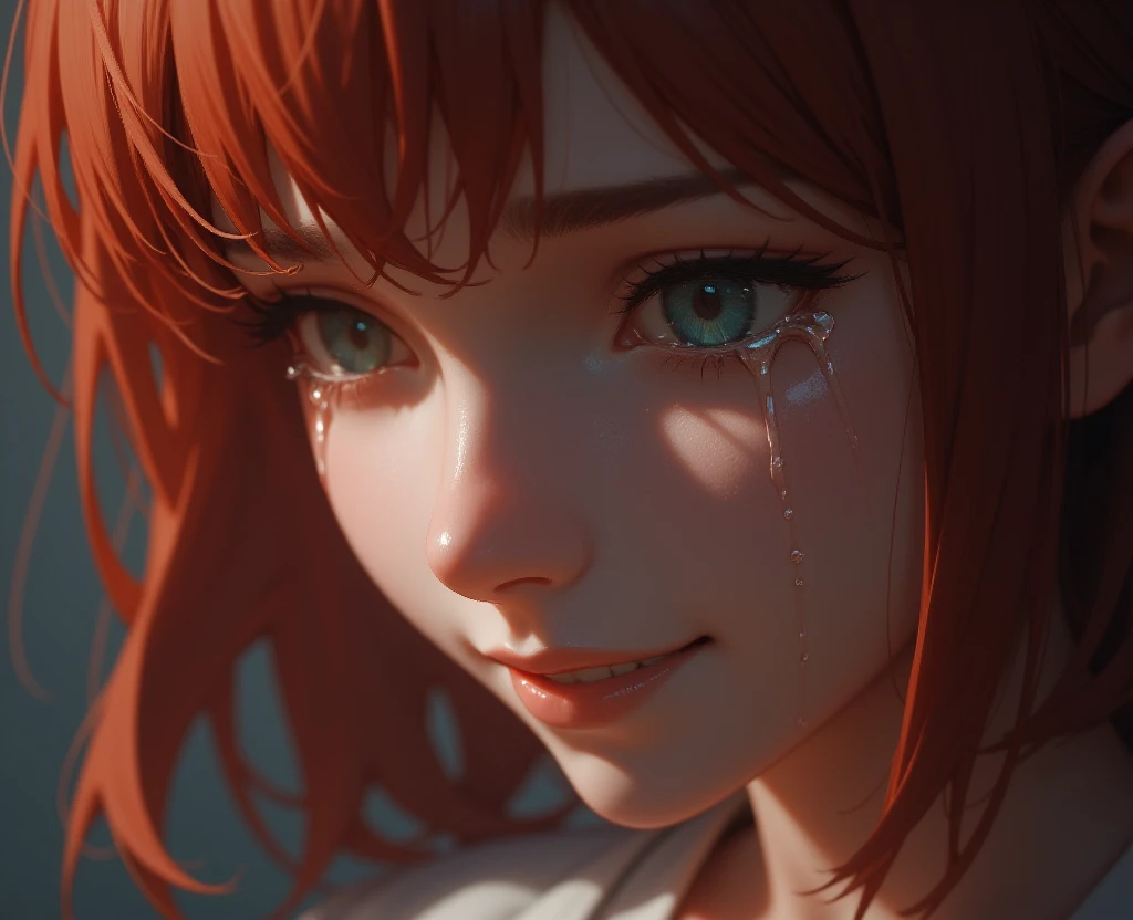 A girl is crying with tears. She is looking down, has red hair, smiling. photorealistic, extremely realistic, extremely closeup of face, 
<lora:crying_with_tears_flux_v2.safetensors:1>, 