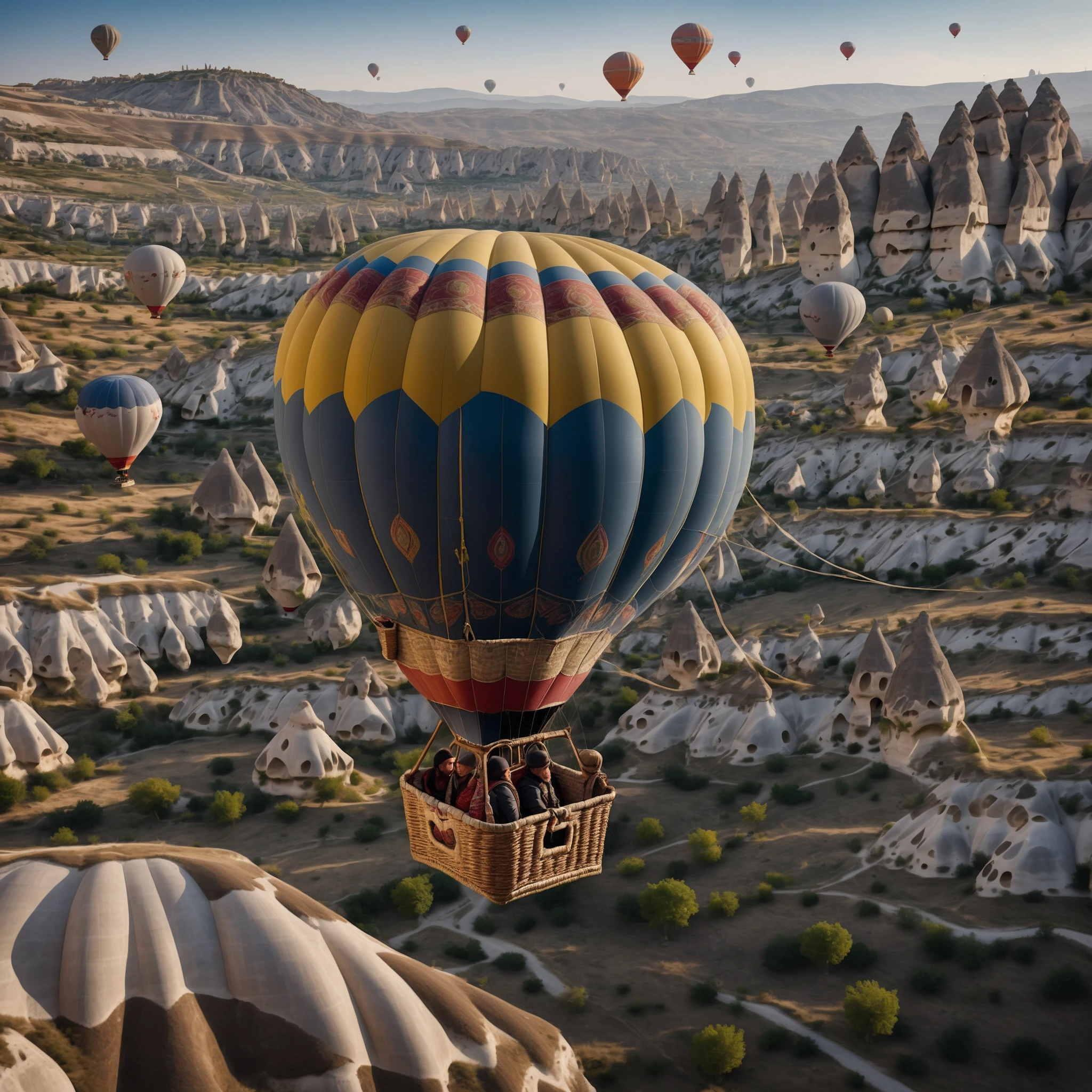 realistic image of a Cappadocia hot air balloon from 2024, with a highly detailed focus on the texture of the fabric, the ropes, and the basket.