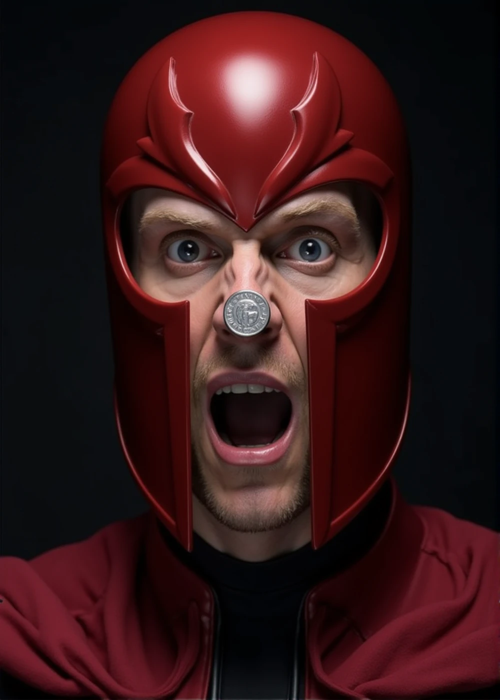 a photo portrait of a surprised Magneto with a coin stuck on the nose <lora:Magneto:0.9>