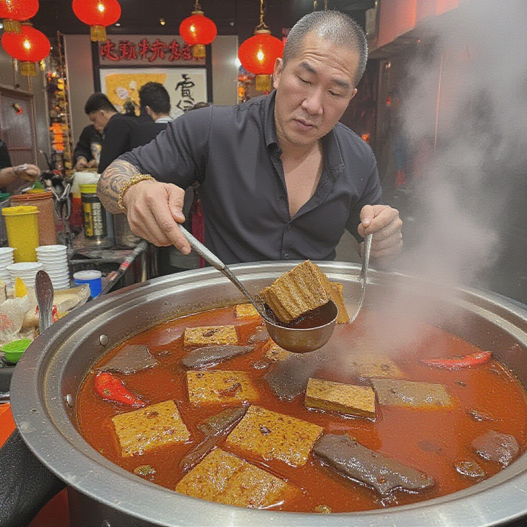 Close-up of a bustling street food stall, dominated by a large, steaming cauldron of spicy broth. The vendor, an older man with experienced hands, stirs the deep red-brown liquid with a long-handled ladle. The soup bubbles gently, releasing aromatic steam rich with the scent of chili and Sichuan peppercorns. Floating in the broth are dark cubes and white silky pieces, interspersed with small silvery dried fish and strips of preserved mustard greens. Whole red chilies and peppercorns bob on the surface, creating a fiery appearance. A layer of vivid red chili oil shimmers on top. Surrounding the pot are stacks of small bowls, pairs of chopsticks, and jars of additional condiments. Overhead, red lanterns cast a warm glow on the scene. In the foreground, a customer's hands reach for a freshly ladled bowl. The background blurs into a soft mix of moving figures and distant lights, suggesting a lively night market. Rising steam creates a misty effect around the stall, emphasizing the focal point of the simmering pot and the skilled vendor at work