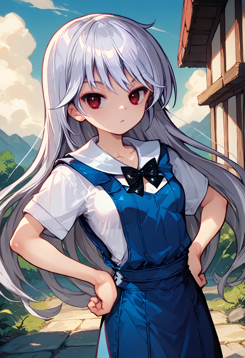 score_9, score_7_up,   1girl,      <lora:Gyokai-000044:1>  <lora:Kazuki fin 3-000009:1> kzk, silver hair, long hair, red eyes, small breasts, shirt, white sailor collar,  blue pinafore dress, short sleeves, black bowtie, outdoors, looking at viewer,  hands on hips,