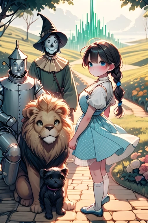 ((wizard of oz)), ((tin man)), [[black toto]], [the scarecrow, cowardly lion], dorothy gale, blue dress, yellow brick road, emerald city in distance, flower, under tree, facing viewer, from side, profile, <lora:girllikewizardofoz:1>