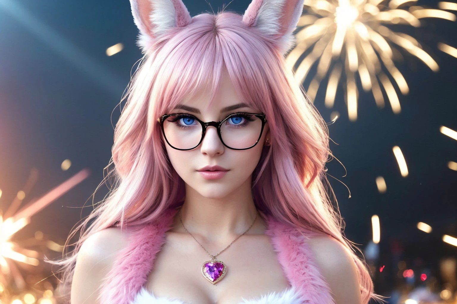 (8k, RAW photo, highest quality, best quality, masterpiece, ultra-detailed, hires, absurdres, sharp focus:1.2), (photorealistic, hyper-realistic:1.37) sexy bunny girl, pink heart-shaped glasses, stylish hairstyle, blue eyes, sexy clothes, ((with explosions in the background)) ((furry)), evil, jewellery