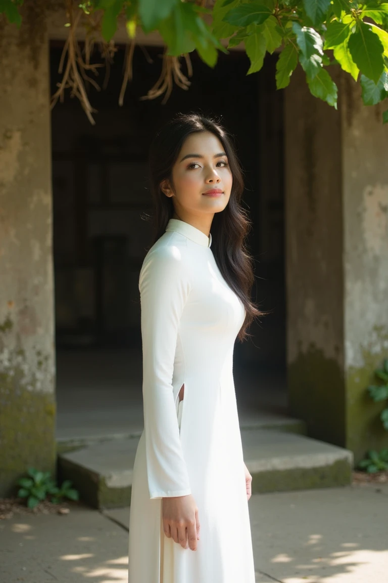 A Vietnamese girl stands with poised elegance in a traditional white ao dai, the fitted, flowing dress accentuating her graceful silhouette. Her long, jet-black hair cascades over her shoulders, contrasting beautifully against the crisp purity of her outfit. She is positioned in front of an old, moss-covered temple, where the rustic, weathered walls evoke a sense of cultural heritage and timeless beauty. The soft morning light filters through leafy trees, casting dappled shadows that dance on the ground and create a serene, tranquil ambiance. Her expression is calm and contemplative, with a subtle smile hinting at inner peace. The shot is taken from a three-quarter angle, highlighting both her elegant form and the rich textures of the traditional setting. The mood is serene and dignified, capturing the harmony between her delicate beauty and the cultural depth of her surroundings.