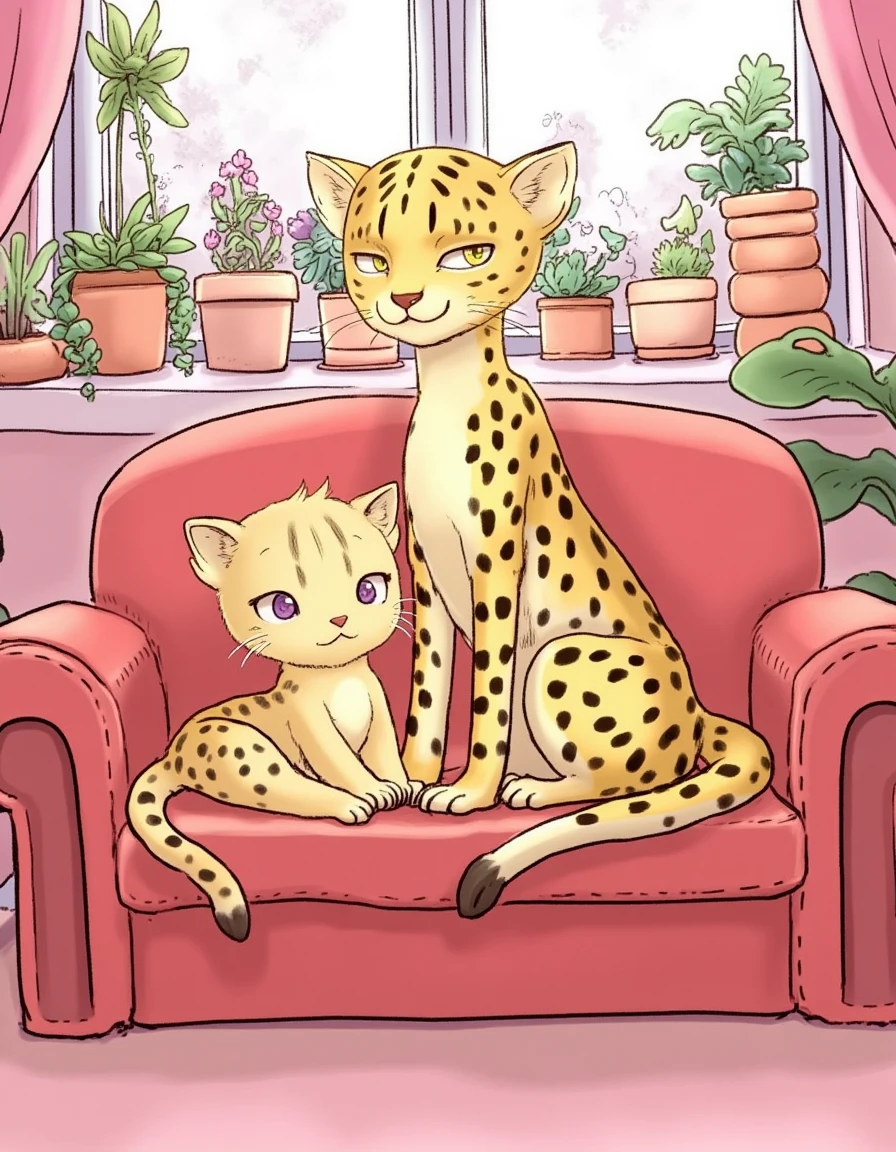 illustration of a cheetah mother and her cute child sitting in a pink living room on a red couch with tons of flower pots <lora:MadeInAbyssStyleLoraFlux:1> mad31nabyss