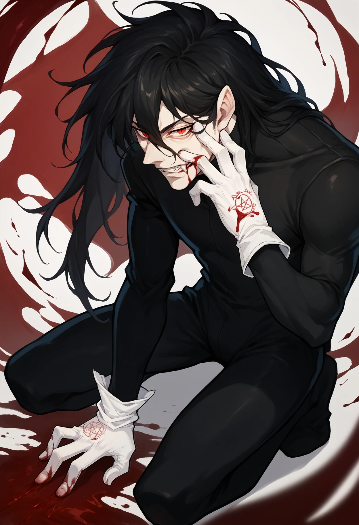 score_9, score_8_up, score_7_up, 1boy, kneeling, hand on own face, clenched teeth, fangs, <lora:AlucardHS-pdxl:1> aluHS, black hair, long hair, red eyes, slit pupils, black bodysuit, white gloves, pentagram, abstract background, blood