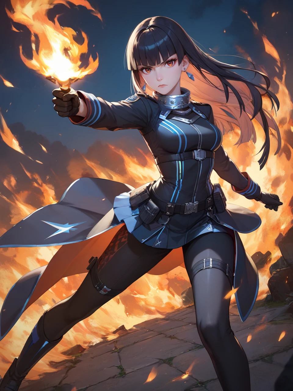 score_9,score_8_up,score_7_up,
1girl,solo,best quality,highres,masterpiece,hime cut,
perfect features,intricate details,ray tracing,newest,earrings,black bikesuit,black gloves,shrug \(clothing\),metal collar,depth of field,cowboy shot,fire,combat pose,incoming attack,glaring,looking at viewer,
