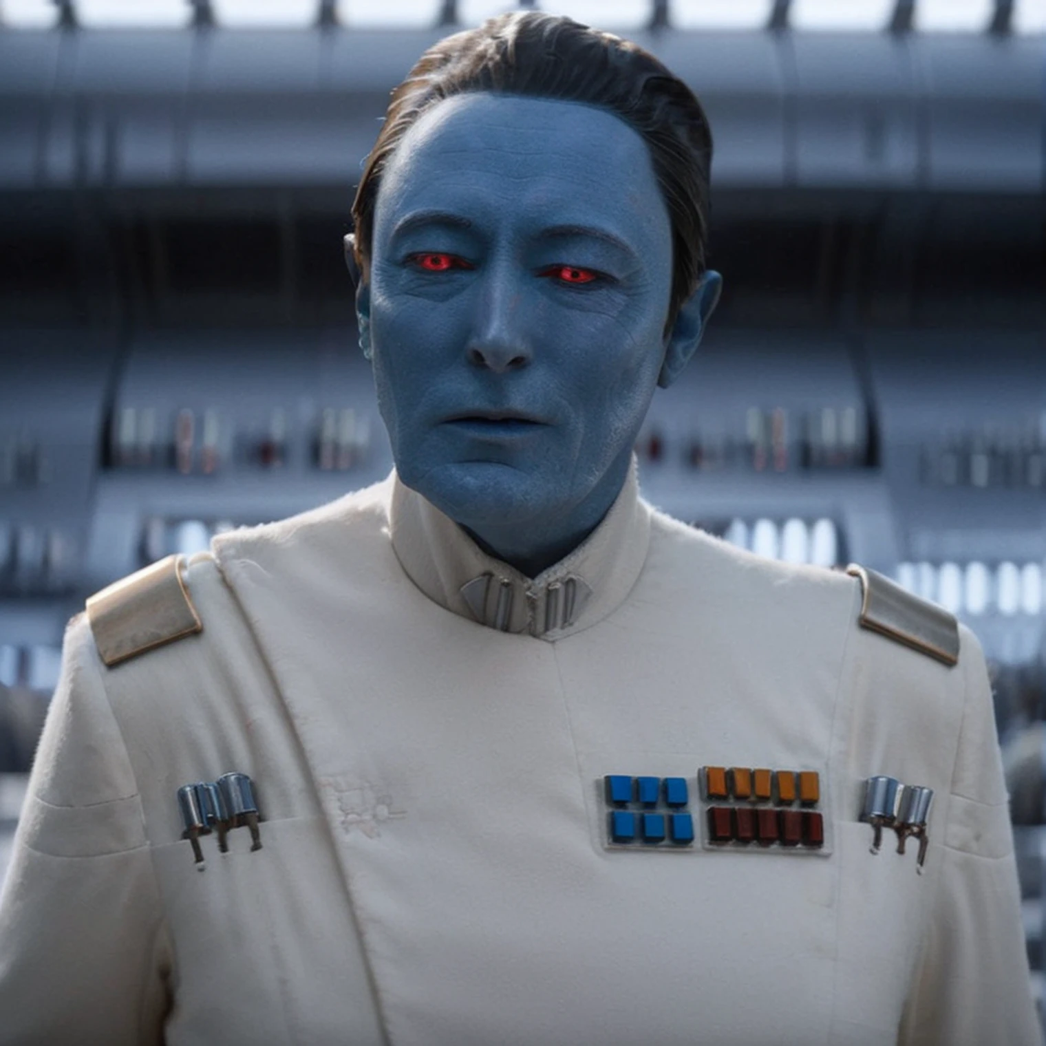 (extreme facial close-up1.5) shot of <lora:GrandAdmiralThrawn:0.8> GrandAdmiralThrawn with (((blue skin and red eyes))), is standing with arms folded, shouting, screaming, background of starship cockpit with glowing neon paintings, strong rim lighting, indoors, tile floor, film, detailed background, different people, space opera, realistic, sci fi style, cinematic light, dramatic lighting, perfect color, perfect scene, <lora:star wars style v2:0.2> star wars style, shallow depth of field, vignette, highly detailed, high budget, bokeh, cinemascope, moody, epic, gorgeous, masterpiece <lora:Grand_Admiral_Thrawn_XL:0.4> thrawn