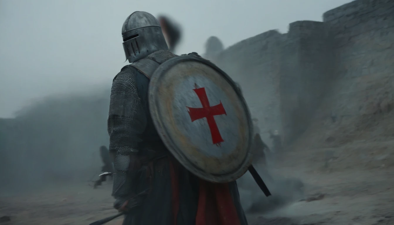 (Cinematic Still Frame), 1300 \(year\), (action scene), crusader of the Knights Templar, solo, anger, steel plate armor, (war), in battle, damaged armor, dents, bloody, Surcoat which depicts the red cross patte, ancient Syrian architecture, Great Crusades, muscular, detailed skin texture, (warrior), natural lighting, mist, overcast, half silhouette, 50mm, F/5.6 lens, ISO 400, (extremely detailed), grim, gritty, Still from Kingdom of Heaven, dynamic angle