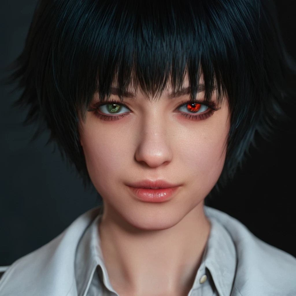 cinematic film still of  <lora:ladydmc v3:0.9>
ladydmc a woman with a black hair and heterochromia eyes, MaryAnnArkham, smooth sharpness, very detailed image, cinematic style, detailed background, perfect style, perfection, Unreal Engine, 3d, realistic, realism, photorealism, hyperrealism, hyperrealistic, video game style, 3D computer graphics, Blender, 3ds Max, Maya, Cinema 4D, ZBrush, AutoCAD, LightWave 3D, Adobe Dimension, virtual reality, Unreal, real-time 3D, Epic Games style, Unreal Engine style, ladydmc style, 1girl, solo, looking at viewer, short hair, bangs, simple background, black hair, red eyes, 1boy, male focus, collared shirt, lips, heterochromia, portrait, nose, smile, shirt, scar, black background, scar on face, close-up, scar on nose, closed mouth, heterochromia eyes, artist name, closeup, bright ligh
, shallow depth of field, vignette, highly detailed, high budget, bokeh, cinemascope, moody, epic, gorgeous, film grain, grainy