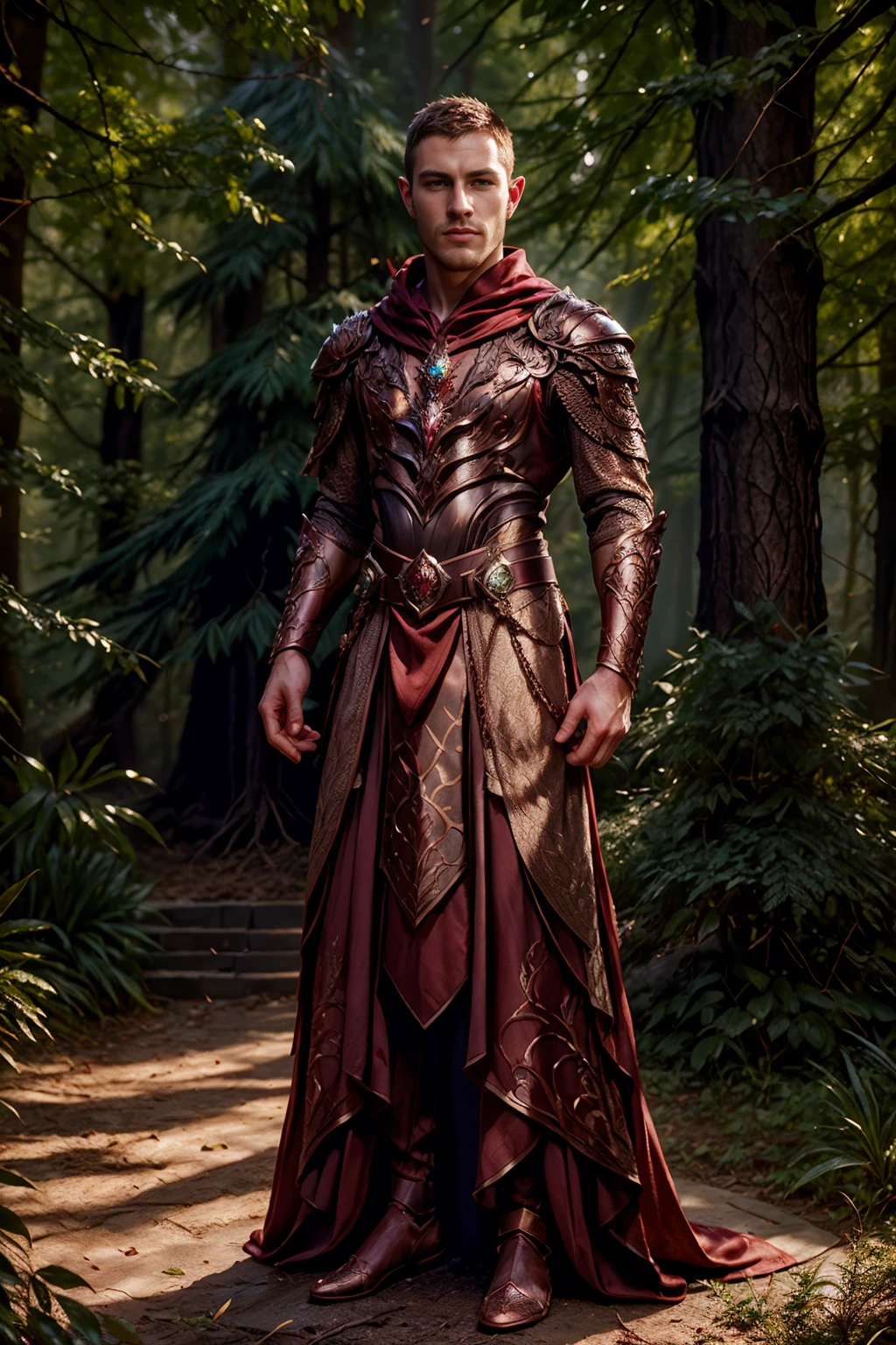 (full body), male focus, photo of KennedyCarter, realism, forest background, dynamic pose, wearing intricate (ruby and bronze) armor, breastplate, belt, embroidered cloak, elar, <lora:KennedyCarter:0.8> , heroic posing, relaxed natural expression, elar, <lora:ElvenArmor-10:0.6>, professional light, cinematic lighting, fashion photography, ambient lighting, <lora:add_detail:0.3>