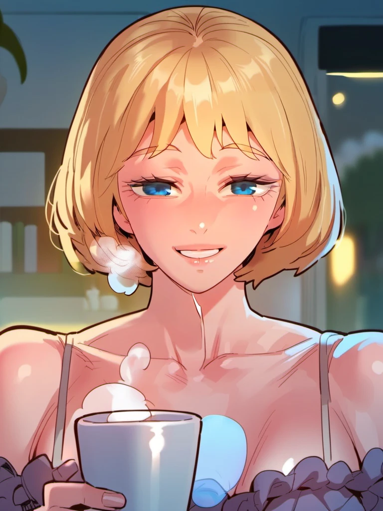 score_9, score_8_up, score_7_up, score_6_up, source_anime, <lora:neg4all_bdsqlsz_V3.5:2.0> Bora, 1girl, short hair, blonde hair, blue eyes, breasts, smile, cleavage, looking at viewer, holding cup, collarbone, upper body, indoors, apartment, heavy breathing, steamy body
 <lora:LHOYeonBora-115reps:1>