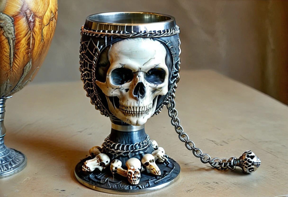 Ultra realistic with high quality and ultra detail with excellent focus and contrast, photorealistic image style, ultra realism, high definition of 1 object Metal style goblet with engraved skulls and bones, chains, there are spikes