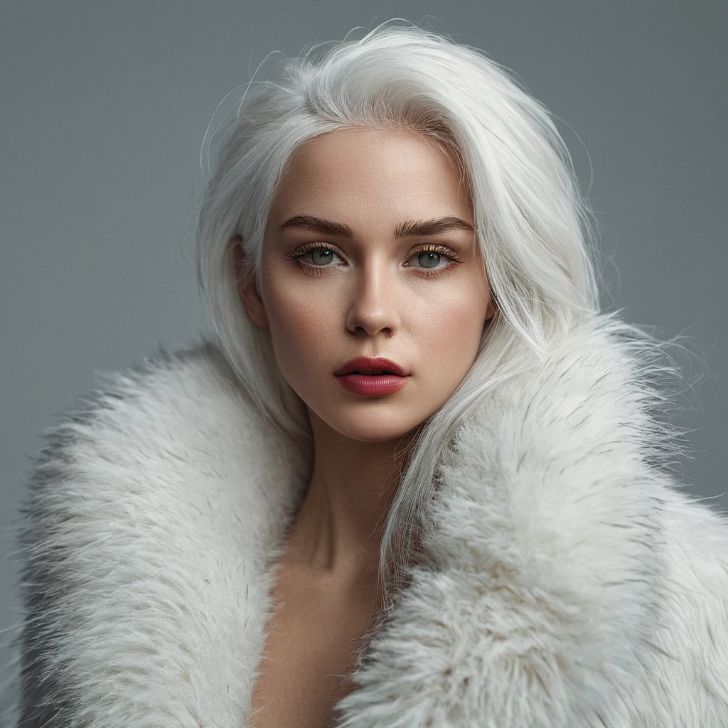 Hyperrealistic art of  <lora:skin tone style v4:0.9>
A cinematic pale white light skin tone shot of a woman with white hair and a fur coat, movie themed style, sharp, detailed, epic cinematic photorealism style, artistic creative style, dramatic cinematic light style, cinematic color style, skin tone style, pale white light skin tone style, 1girl, solo, long hair, looking at viewer, closed mouth, monochrome, lips, expressionless, portrait, close-up, realistic, simple background, closeup
, Extremely high-resolution details, photographic, realism pushed to extreme, fine texture, incredibly lifelike