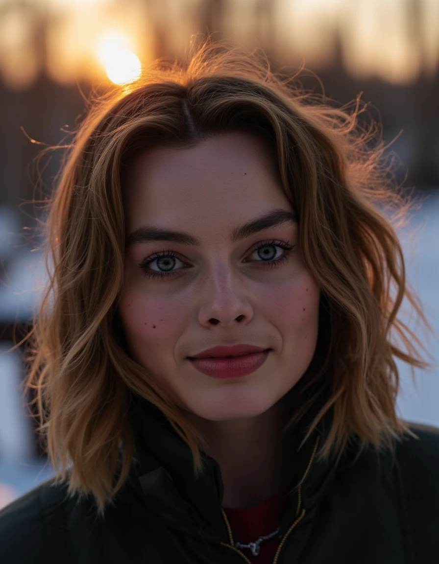 Instagram photo of a woman with freckles on her face in the winter outdoors silhouette illumination of her hair. Taken with a ProPhoto iPhone camera.   <lora:Margot_Robbie_2016_FLUX_v1-000037:1>