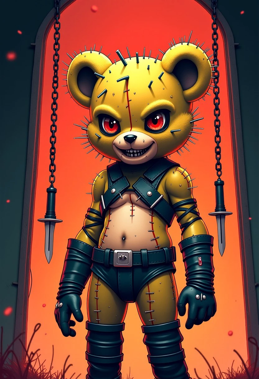 anime, cel shaded, clear defined lines, horror theme, cenobear, (((carebear:1.2))), funshine bear, pinhead, hundreds of nails in head, vertical face scars, horizontal face scars, wearing leather fetish gear, straps, long gloves. thigh high boots. skinning knives hanging from belt, scarified skin, barbwire wrapped around arms, stitched together mouth, multiple body piercings, (((tummy symbol, lament configuration, the box:1.2))), yellow fur. Standing in a doorway in hell, chains with hooks on the end dangle from the ceiling. Saying: "You opened the box!" horror font word bubble