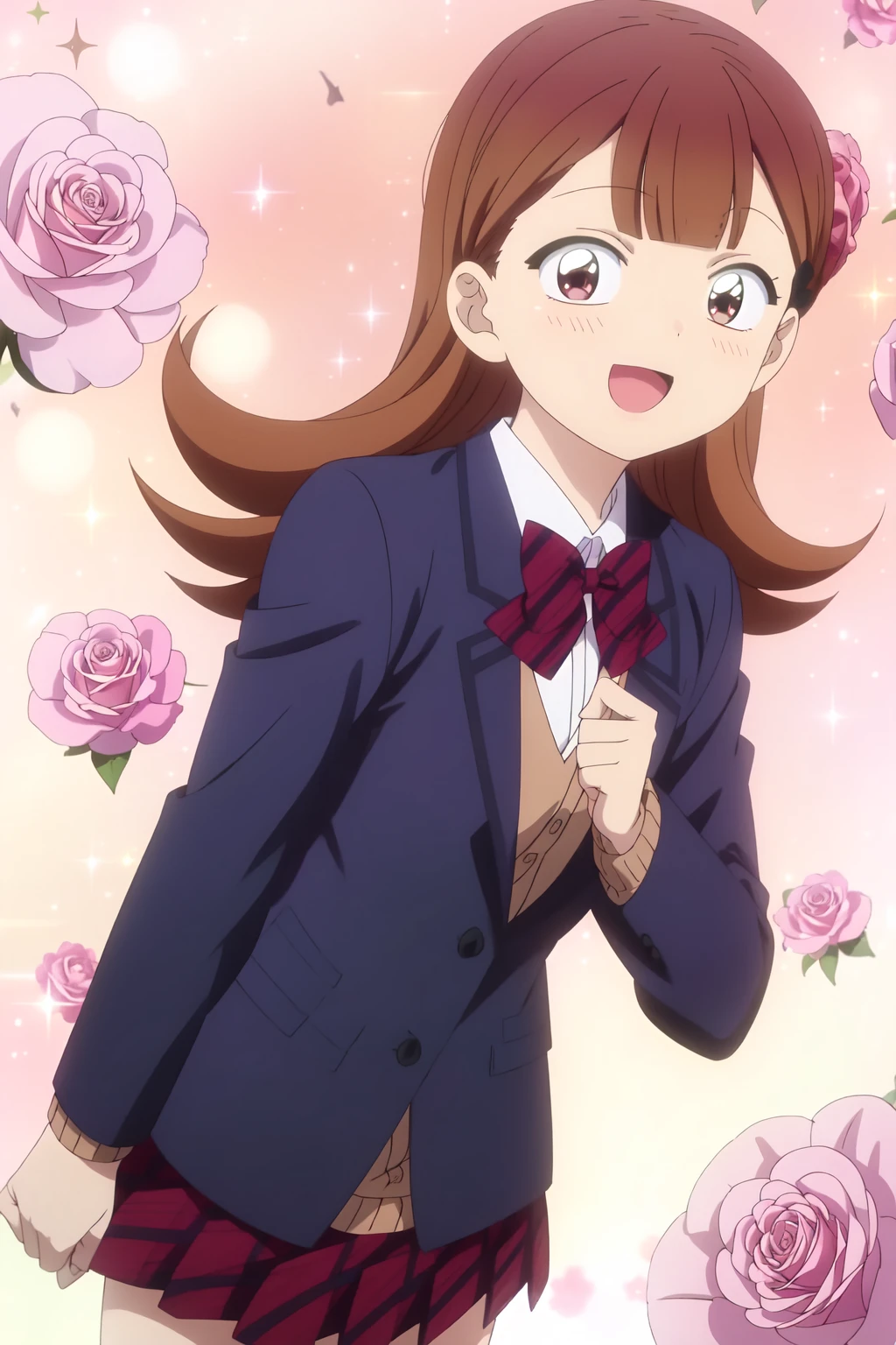 Yamai Ren, 4k, absurd, high resolution, ultra high resolution, high definition, masterpiece, illustration, 2d, anime style, 1girl, solo, long hair, looking at viewer, smile, open mouth, brown hair, long sleeves, brown eyes, school uniform, jacket, flower, sparkle, rose, pink background, blazer, pink flower, pink rose, anime coloring<lora:EMS-465179-EMS:0.800000>