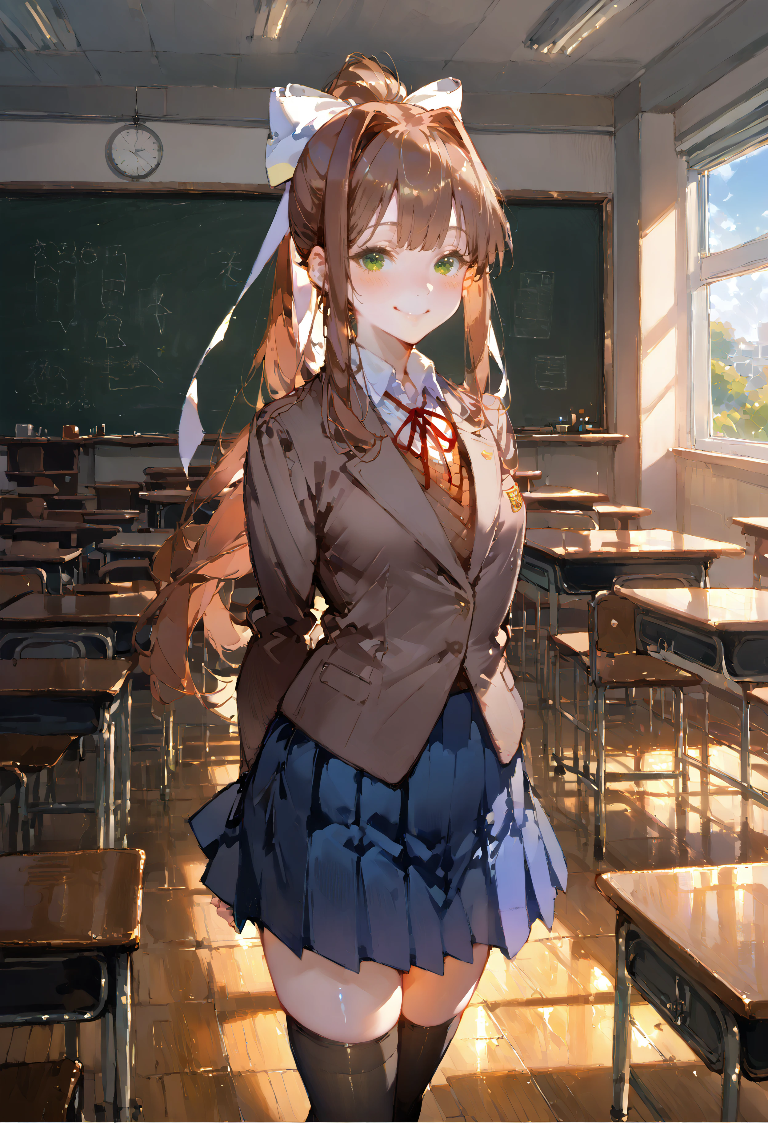 score_9, score_8_up, score_7_up, best quality, source_anime BREAK, ddlcmonika, blunt bangs, brown hair, green eyes, long hair, ponytail, ribbon, white ribbon, hair ribbon, sidelocks, black thighhighs, blue skirt, brown jacket, jacket, long sleeves, mary janes, over-kneehighs, pleated skirt, school uniform, shoes, skirt, thighhighs, zettai ryouiki, arms behind back, smile, blush, classroom, <lora:EtherLORA:1>, <lora:ddlc-monika-ponyxl-lora-nochekaiser:1>