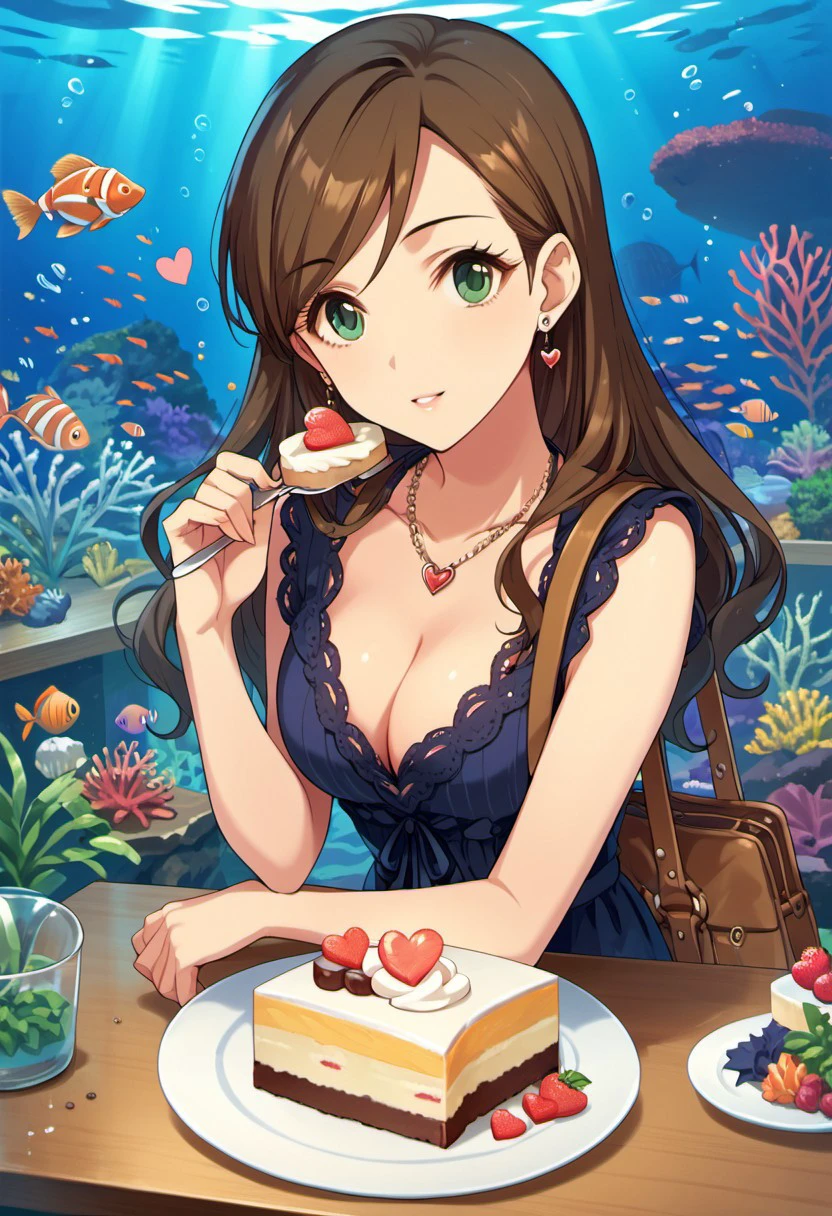 score_9, score_8_up, score_7_up, source_anime, etou misaki, brown hair, long hair, green eyes, 1girl, jewelry, food, cake, necklace, solo, fish, aquarium, cleavage, bag, earrings, heart