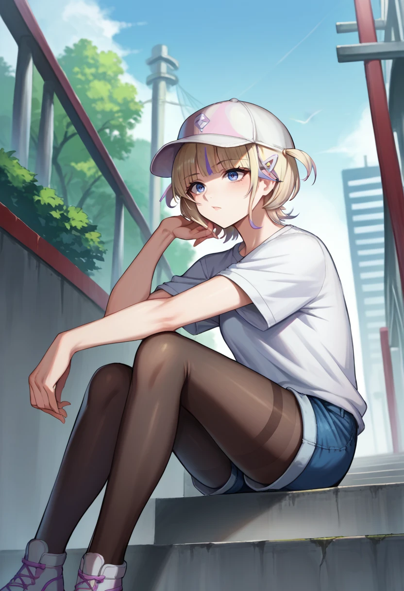 score_9, score_8_up, source_anime, 1girl, solo, TodorokiHajime, multicolored hair, short hair, two side up, hairclip, baseball cap, t-shirt, denim shorts, pantyhose under shorts, sitting, stairs, outdoors, city, <lora:ChamTodorokiHajimePonyXL:1>