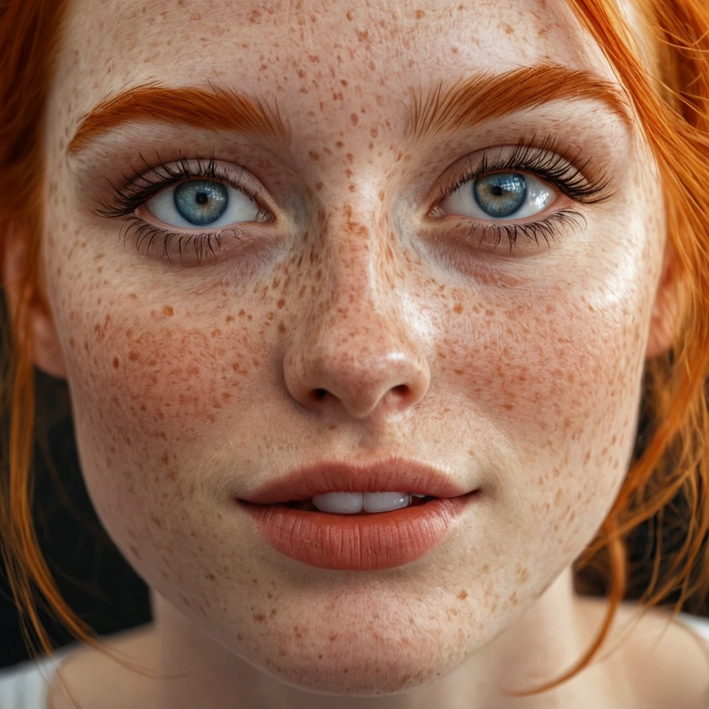 Hyperrealistic art of  <lora:skin tone style v4:0.9>
A cinematic Fair white skin tone shot of a close up of a woman with freckles on her face, movie themed style, sharp, detailed, epic cinematic photorealism style, artistic creative style, dramatic cinematic light style, cinematic color style, skin tone style, Fair white skin tone style, 1girl, solo, smile, blue eyes, orange hair, lips, eyelashes, watermark, portrait, web address, close-up, freckles, realistic, looking at viewer, closed mouth, hair over one eye, photorealistic, closeup, Extremely high-resolution details, photographic, realism pushed to extreme, fine texture, incredibly lifelike