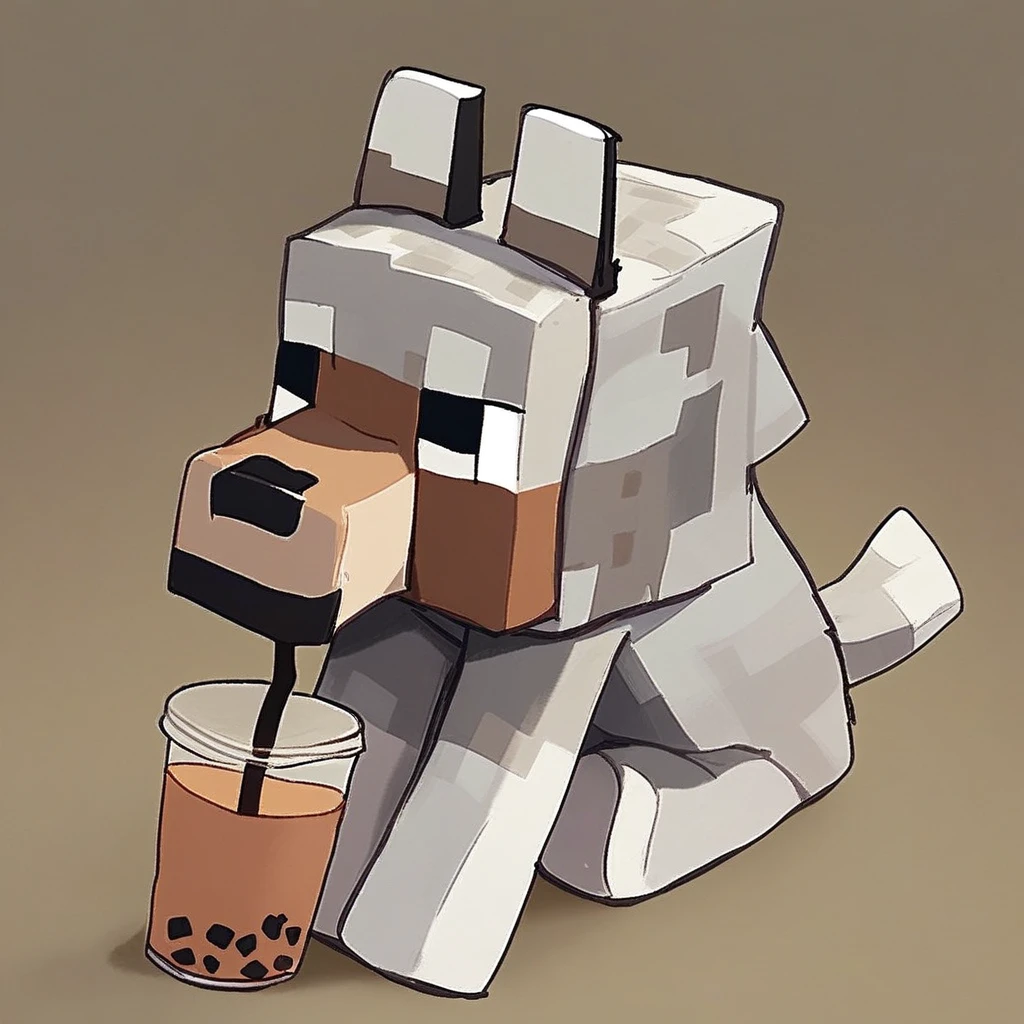 score_9_up, score_8_up, score_7_up, source_furry, wolf, minecraft wolf, pixel style, gray fur, black eyes, square dog, bubble tea