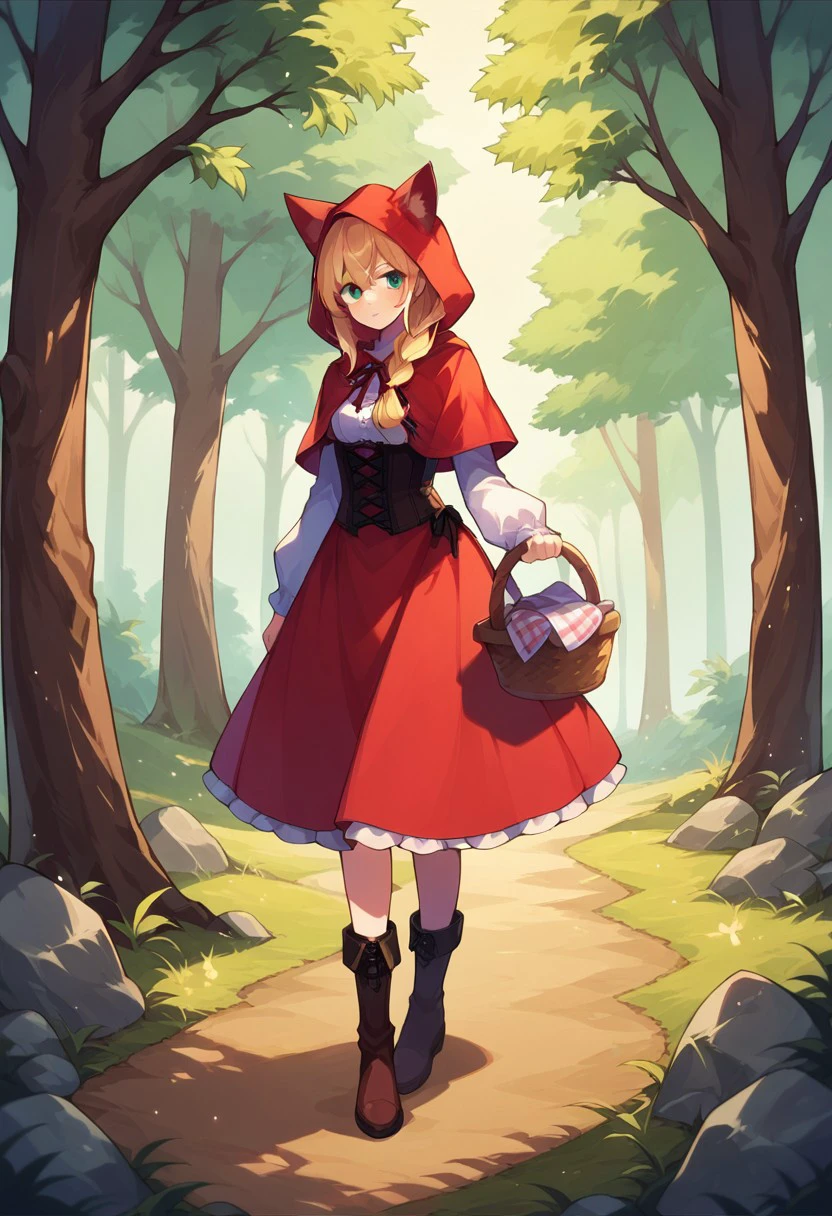 score_9, score_8_up, score_7_up, source_anime, little red riding hood (grimm), long sleeves, tree, holding basket, full body, corset, animal ears, shoes, boots, braid, forest