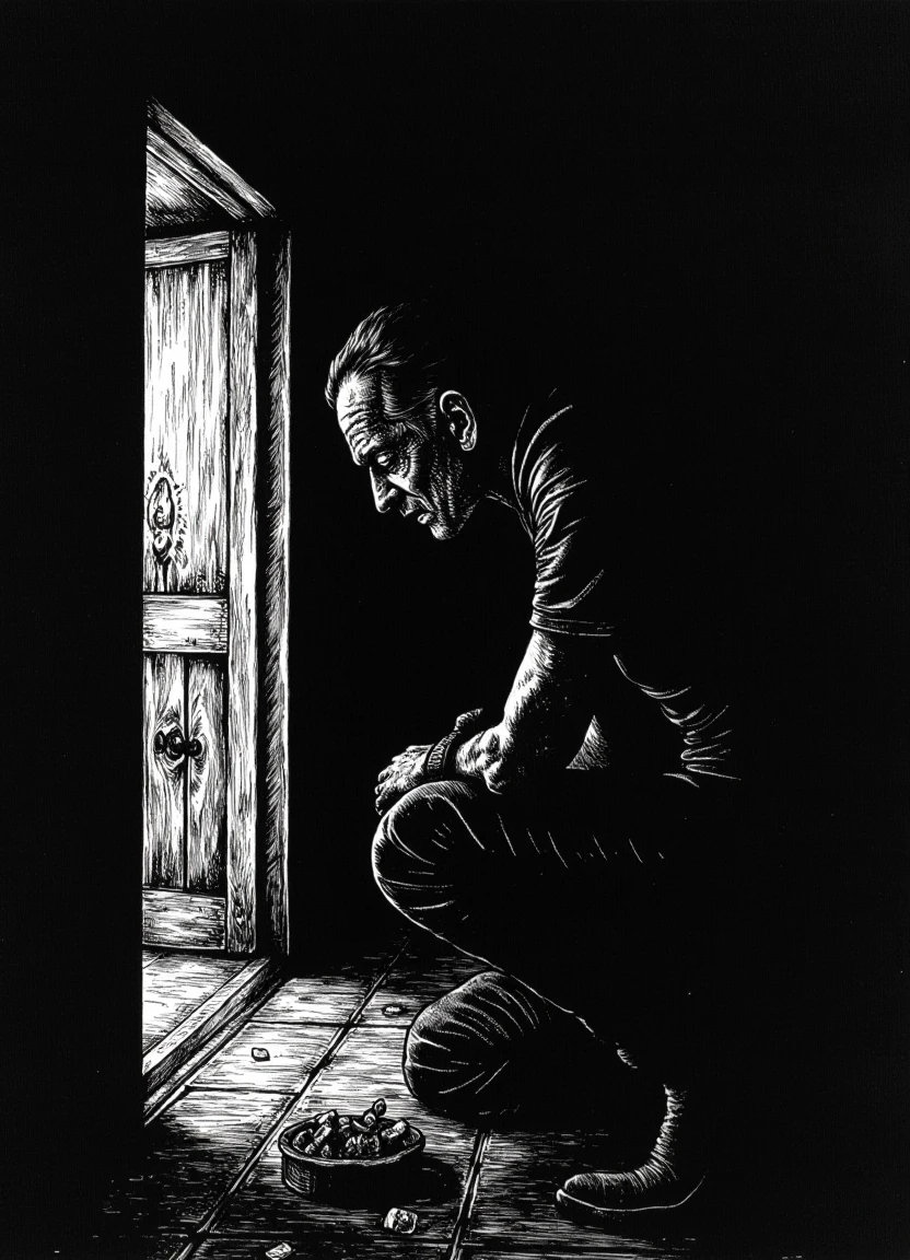 darksector_style, a man weeps in the shadowy corner of a room