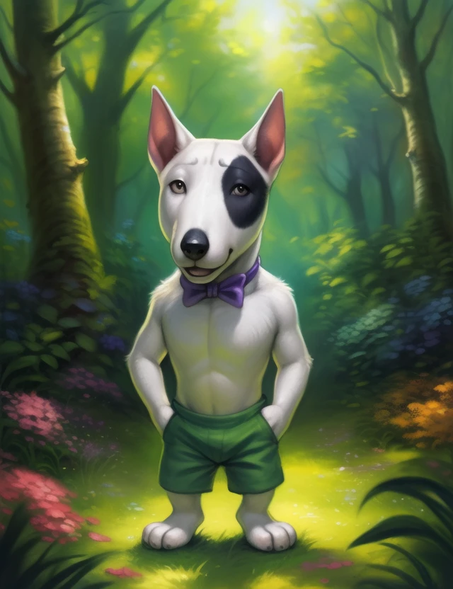 <lora:PochiDogTetsuYif:1> PochiDogTetsu, Bull terrier, green shorts, bow tie, black spot on the eye, chibi,
Looks at the viewer,   (standing,) 
[ large window, (nature), forest, grass, day shining, clouds, flowers, blanket, blue pillows, candles, bed, pillows, ]
(beautiful, aesthetic, perfect, delicate, intricate, saturated colors), masterpiece, digital drawing, best quality,
[by kenket|by totesfleisch8], by thebigslick:by silverfox5213:0.8], [by syuro, by paloma-paloma::0.2, (Tricksta, TotesFleisch8)