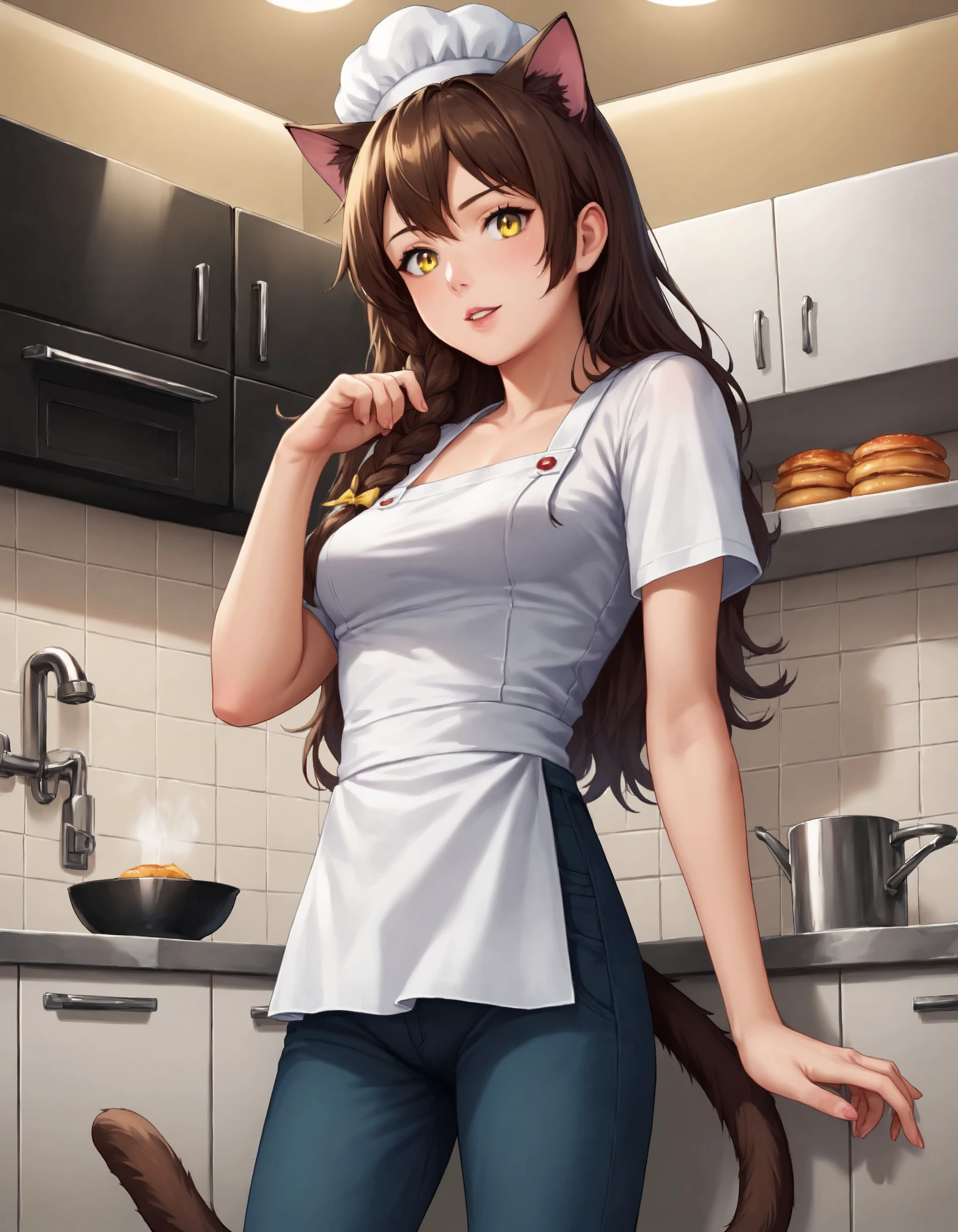 (masterpiece), best quality, expressive eyes, perfect face, score_9, score_8_up, score_7_up, source_anime, 1girl, solo, BREAK, yulia, brown hair, long hair, side braid, single braid, yellow eyes, medium breasts, young, panic, cat tail, smooth body, shiny skin, BREAK, chef, white shirt, white apron, chef's cap, pants, standing, pose, BREAK, white tiles, visual novel background, CG background, restaurant kitchen, indoor scenery, detailed background, photorealistic, pixiv, sharp-focus, super detail, BREAK, colorful, vibrant colors, detailed face, stunning, highly detailed, 8k, intricate, cinematic, dehazed, atmospheric, highres, best quality, detailed eyes, cowboy shot, from bottom, bottom view, <lora:8fa2ec5d-d4a7-4efb-94d2-27b8d1cc2911:0.7>