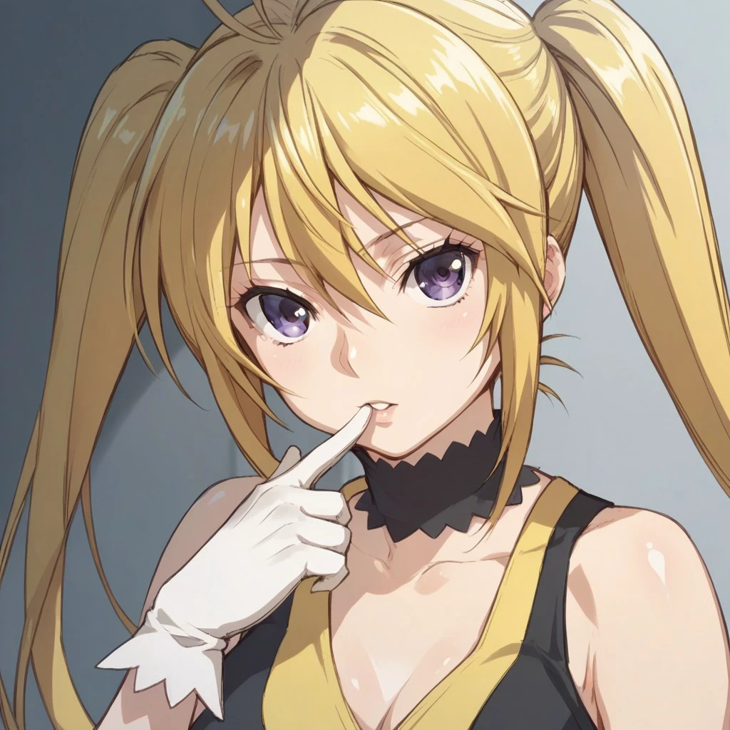 score_9,score_8_up,score_7_up,    shiny skin, 
mitsuha_(sekirei), 1girl, solo, gloves, blonde hair, choker, twintails, purple eyes, white gloves, finger to mouth, sleeveless, dress