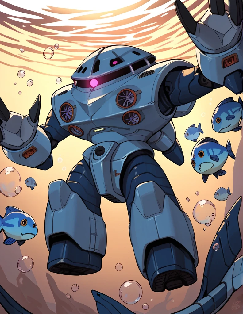 score_9, score_8_up, score_7_up, score_6_up, score_5_up, score_4_up, Amphibious Mobile Suit, mecha, blue robot, one-eyed, glowing eye, underwater, air bubbles, fish, clawed hands