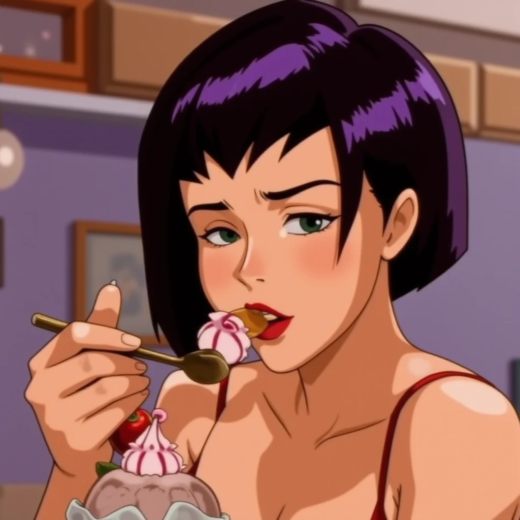 a woman is eating an ice cream sundae, 

faye valentine, sigh,

purpple hair, short hair,