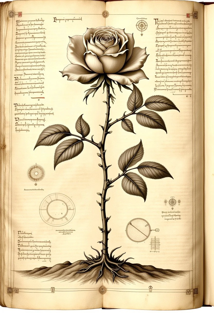 sepia anatomysketch of a rose growing out of the ground rendered in a medieval botanical textbook. The plant is depicted in detail, with its many petals spread and its stamen and pistil exposed. The various parts of the flower are labelled in cursive script.
The background of the illustration is a sepia-toned parchment, giving it an aged, vintage appearance. The parchment is adorned with various handwritten notes and diagrams, suggesting a scientific context. The notes are in a cursive script, with some symbols interspersed.
The illustration is highly detailed and meticulously crafted, with a focus on the intricate relationship between the rose and the earth it is planted into