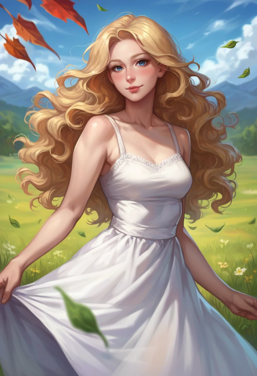 score_9, score_8_up, score_7_up, score_6_up, 1girl, long hair, blonde hair, blue eyes, wavy hair, lips, sundress, looking at viewer, outdoors, mountainous horizon, blurry background, solo, light smile, blush, eyeliner, small breasts, grass, floating hair, cloud, leaf, mature female,