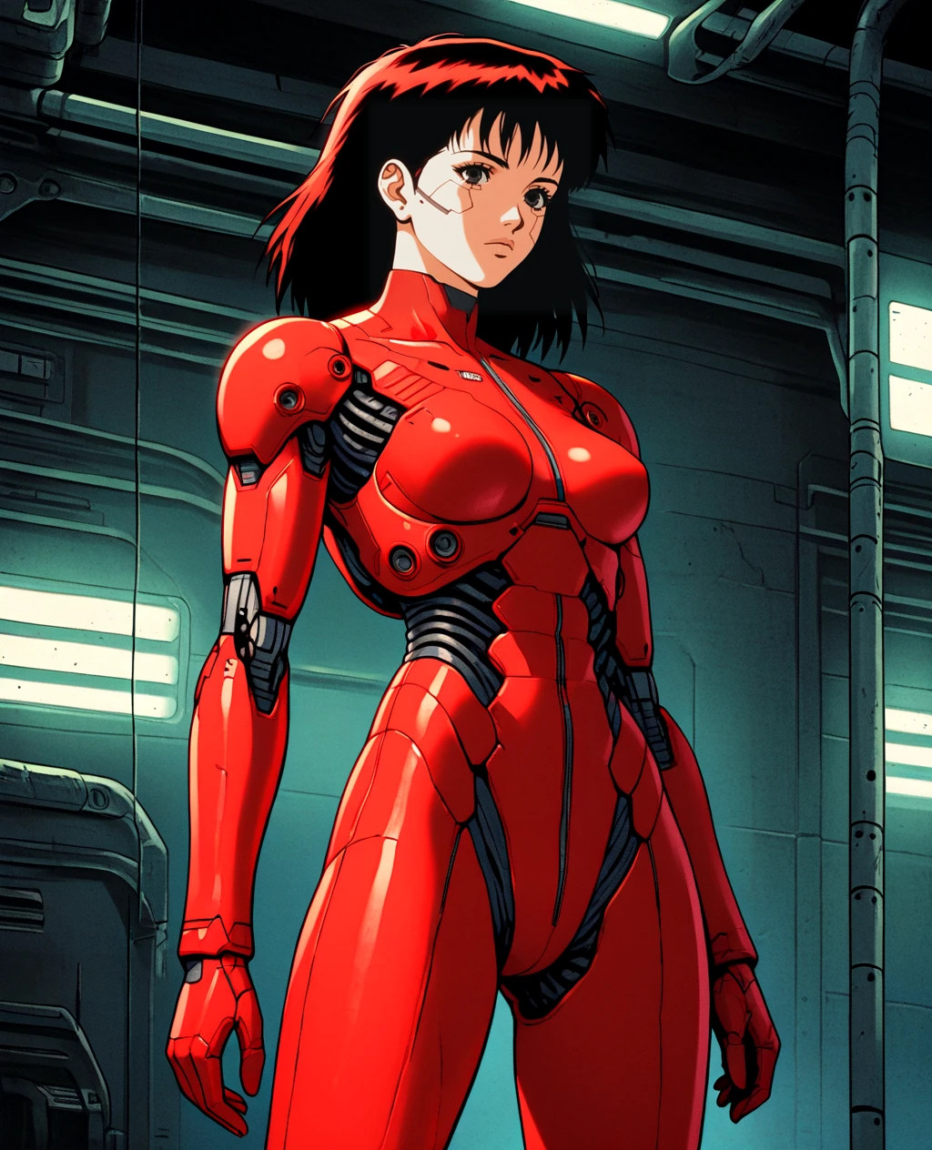 1girl, solo, female focus, a woman with mechanical parts and a red bodysuit standing in a room with a machine behind her and a light above her, anime visual, cyberpunk art, retrofuturism, breasts, science fiction, <lora:RetroAnimeRedux_epoch_10:.9>