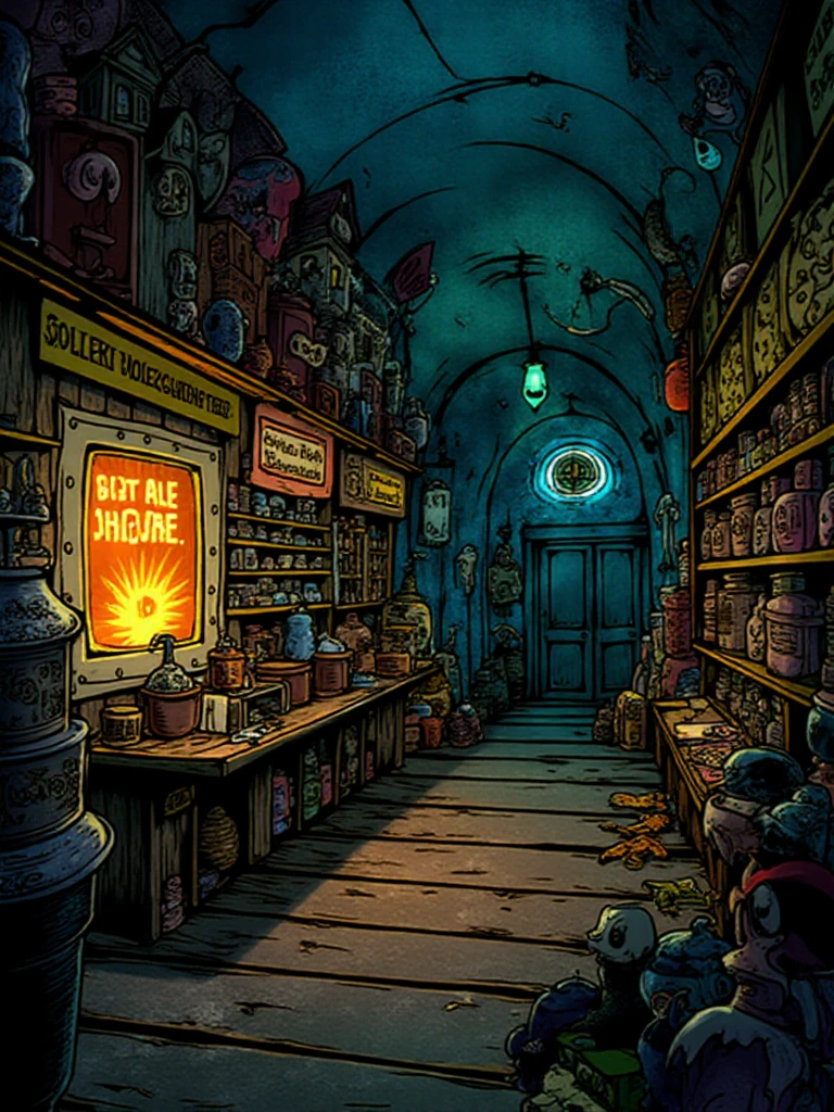 <lora:Marvelous_Misadventures_of_Flapjack_Style_-_FLUX:1> marvelous_flapjack, In a shadowy corner of Stormalong Harbor, an eccentric candy alchemist named Dr. Molasses runs a peculiar shop filled with bubbling cauldrons and shelves stacked with bizarre, glowing sweets. Dr. Molasses, with his wild hair made of spun sugar and a coat stitched together from old candy wrappers, offers to trade one of his mysterious confections for a piece of an ancient pirate treasure map. But bewareâeach candy comes with a strange curse that could transform the eater in unexpected ways.