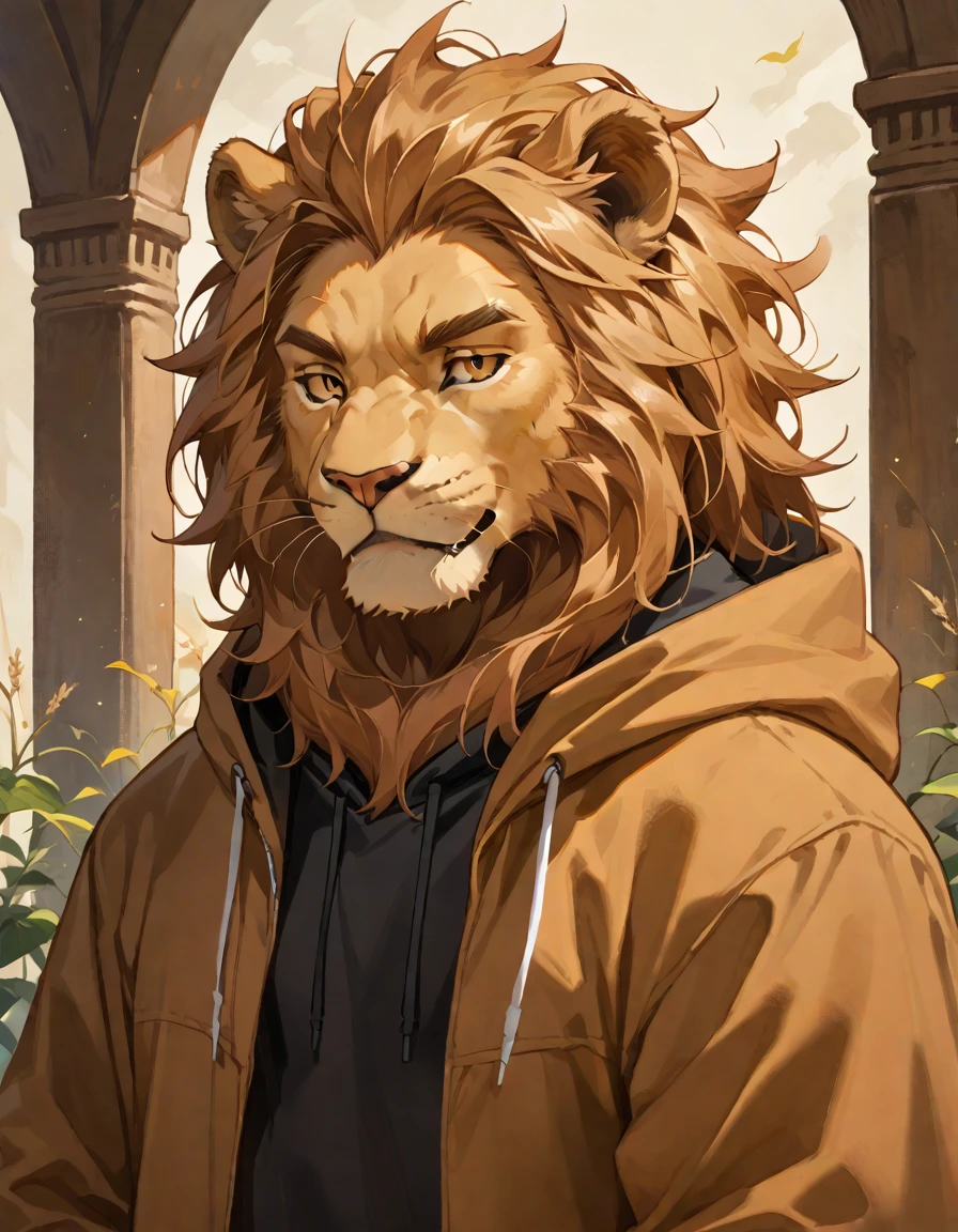 score_9, score_8_up, score_7_up, source_anime, (lion man), furry body, brown fur, (dressed in a black oversized hoodie),  character portrait, upper body, rating_safe, <lora:Anime_Furry_Style:0.6>