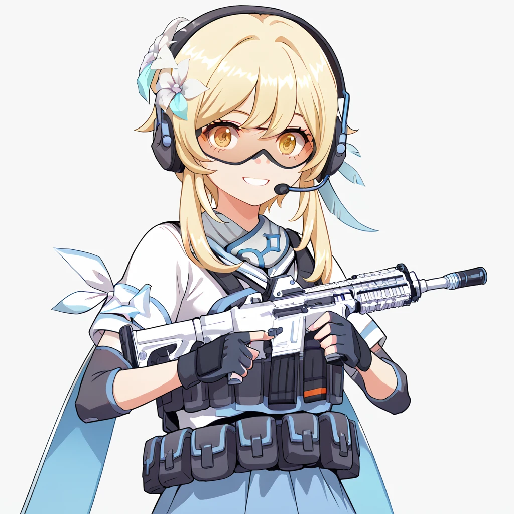 score_9, score_8_up, score_7_up, anime source, simple background, looking at viewer, smile,
1girl, lumine_tactical, tactical clothes,  goggles, headphones, 
<lora:lumine_tactical_pony_v1:0.7>