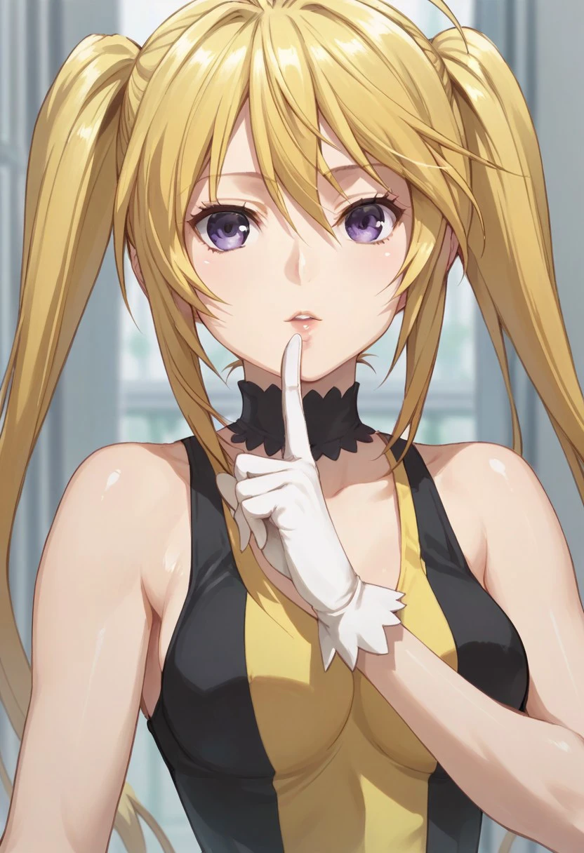 score_9,score_8_up,score_7_up,    shiny skin, 
mitsuha_(sekirei), 1girl, solo, gloves, blonde hair, choker, twintails, purple eyes, white gloves, finger to mouth, sleeveless, dress,