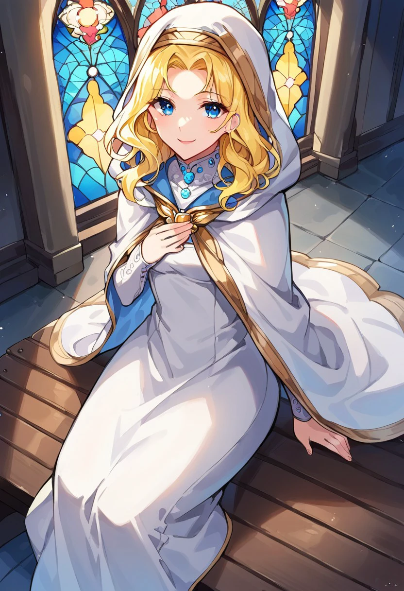 1girl, solo, alone, score_9, score_8_up, score_7_up, masterpiece, high quality, source_anime, very detailed, cinematic illumination, volumetric lighting, full color picture, vibrant colors, beautiful woman, cute face, 
NatFEH, blonde hair, long hair, blue eyes, blue gemstone, gold brooch, two-sided fabric, hooded cloak, white hood, hood up, white cloak, blue cloak, long sleeves, white dress, long dress, white footwear, white boots,
facing forward, full body, church, light from above, sitting, on bench, stained glass windows, hand on chest, smile,